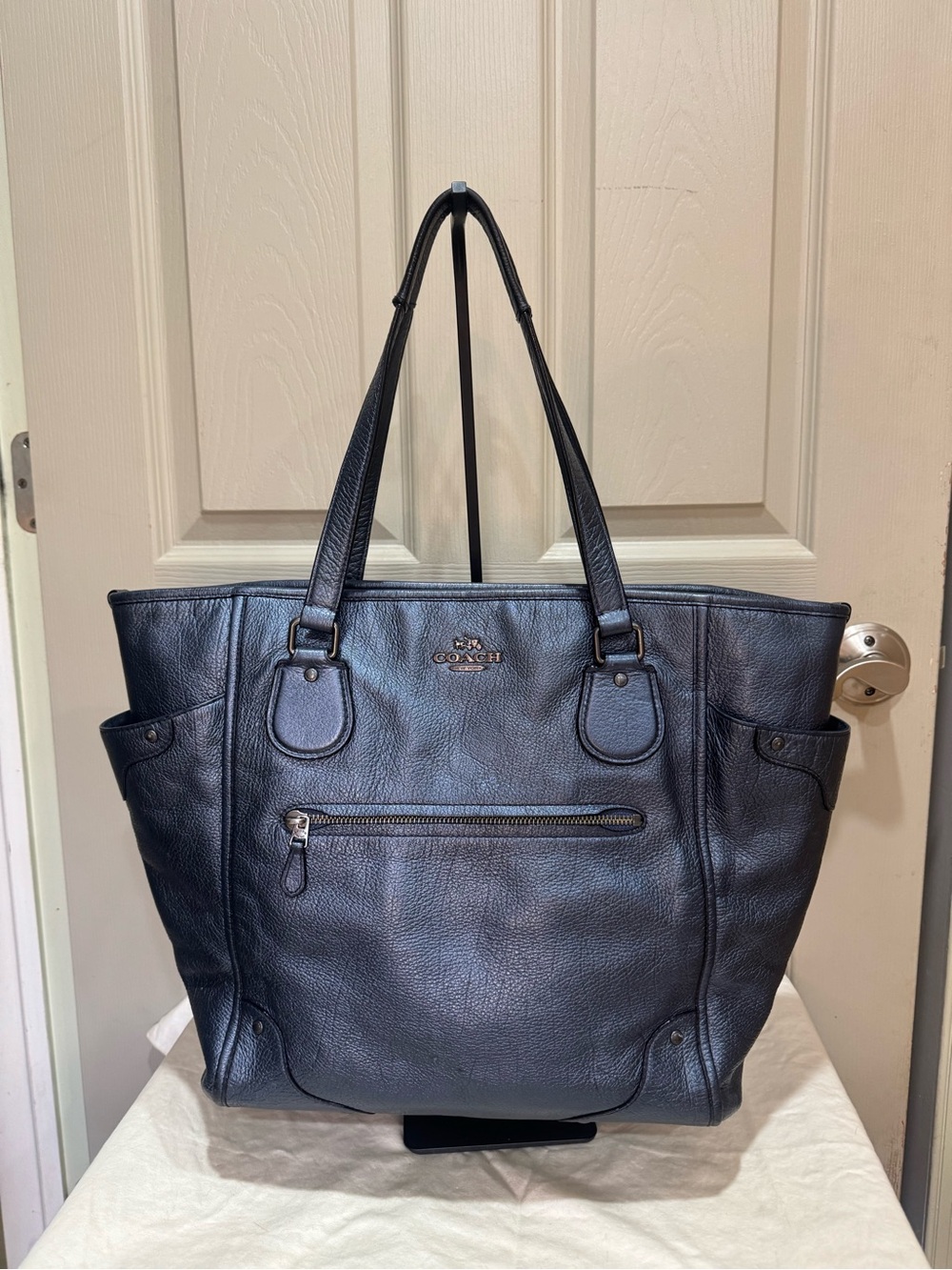 Coach Mickie Metallic Navy Grain Leather Shoulder Tote Bag F34039